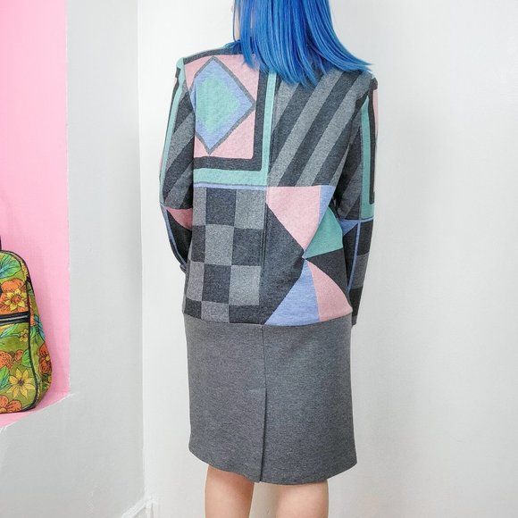 Vintage 80s Multi Color Geometric Print Knit Dress - Picture 7 of 7